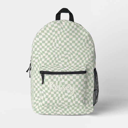 Sac À Dos Imprimé Élégant Retro Wavy Green Check Nom du monogramme (Recto)