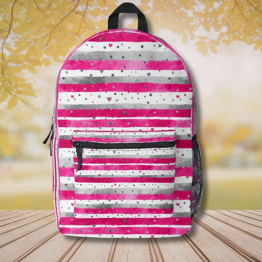 Sac À Dos Imprimé Elegant Valentine Pink Silver Hearts on Striped