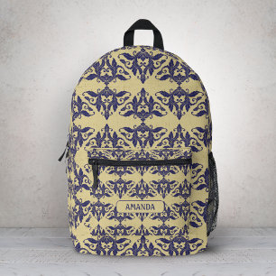 Sac À Dos Imprimé Elégant vintage damassé marine bleu jaune monogram