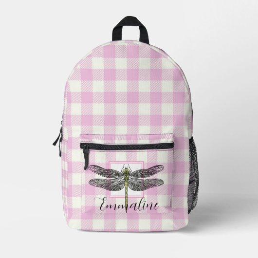 Sac À Dos Imprimé Élégante libellule rose blanc plaid personnalisez (Recto)
