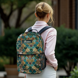 Sac À Dos Imprimé Élégantes écailles de sirène vert turquoise or