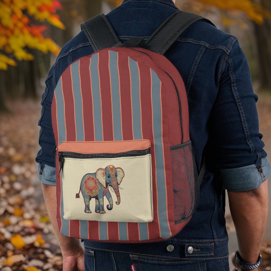 Sac À Dos Imprimé Eléphant et Dusty Blue Red Stripes avec Monogramme
