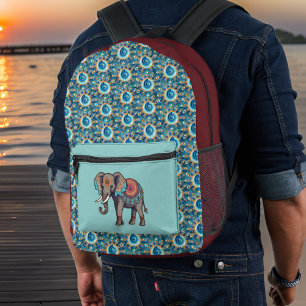 Sac À Dos Imprimé Eléphant et profonde Aqua Red Mandalas n Initiales