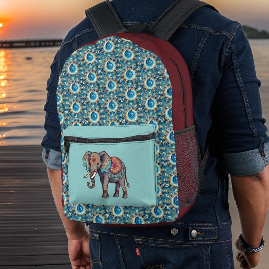 Sac À Dos Imprimé Eléphant et profonde Aqua Red Mandalas n Initiales