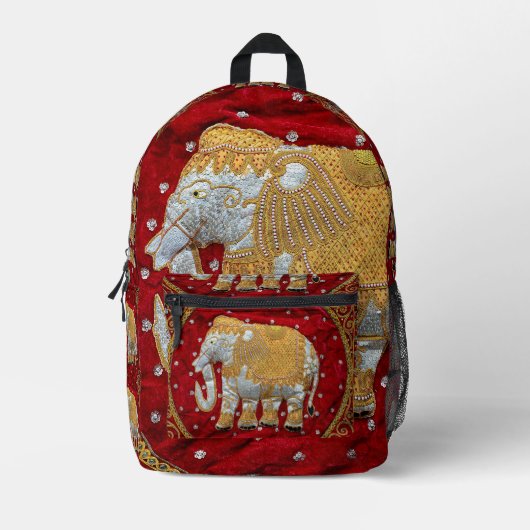 Sac À Dos Imprimé Eléphant Indien inscrit rouge et or (Recto)