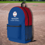 Sac À Dos Imprimé Équipe de base-ball Sports Couleurs personnalisées<br><div class="desc">Super fun, sac à dos sportif avec un baseball et deux lignes de texte personnalisé. Modifiez facilement les couleurs pour qu'elles correspondent aux couleurs de votre équipe. Assez spacieux pour les livres, l'ordinateur, l'équipement sportif et plus - ou comme un sac de voyage ou de couchage aussi. Votre fan/joueur de...</div>