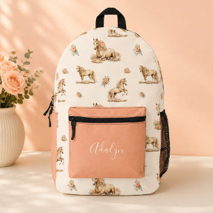 Sac À Dos Imprimé Fille Pêche Rose Cheval Écriture Monogramme