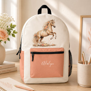 Sac À Dos Imprimé Fille Pêche Rose Cheval Monogramme Script