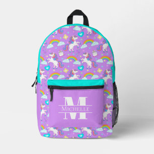 Sac À Dos Imprimé Filles Licornes et Arcs-en-ciel Monogramme Nom