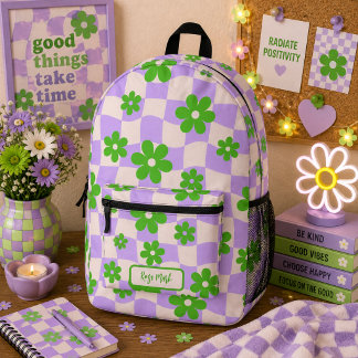 Sac À Dos Imprimé Fleur de Daisy Groovy Violet Damier