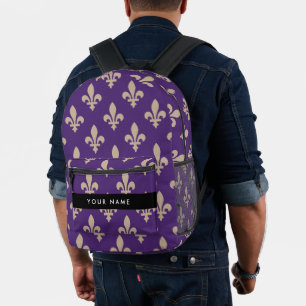 Sac À Dos Imprimé Fleur de Lis, Beige sur Violet, Royal, Votre Nom