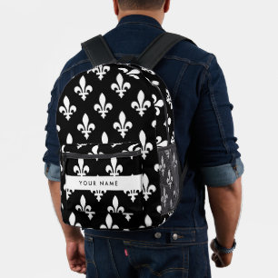 Sac À Dos Imprimé Fleur de Lis, Blanc sur Noir, Blanc, Votre Nom