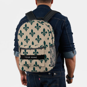 Sac À Dos Imprimé Fleur de Lis, Vert sur Beige, Royal, Votre Nom