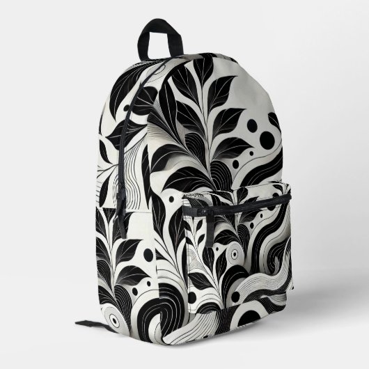 Sac À Dos Imprimé Fleurs abstraites noires et blanches modernes  (Coin arrière gauche)