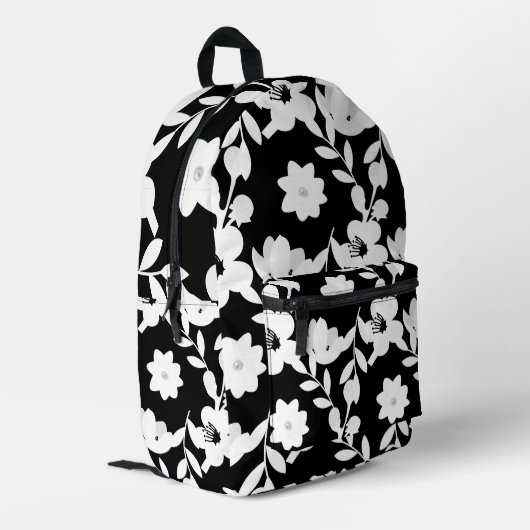 Sac À Dos Imprimé Fleurs blanches avec perles sur noir (Coin arrière gauche)