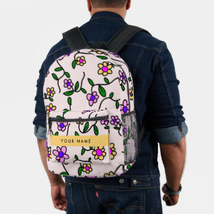 Sac À Dos Imprimé Fleurs Colorées, Fond Rose, Jaune