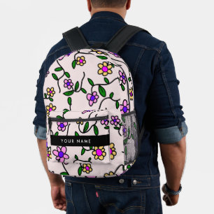 Sac À Dos Imprimé Fleurs Colorées, Fond Rose, Noir