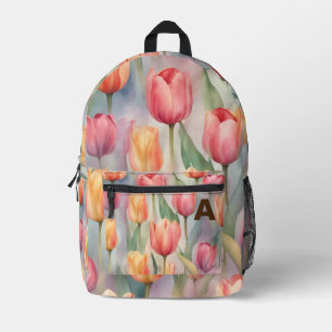 Sac À Dos Imprimé Fleurs de tulipe d'aquarelle initiale personnalisé