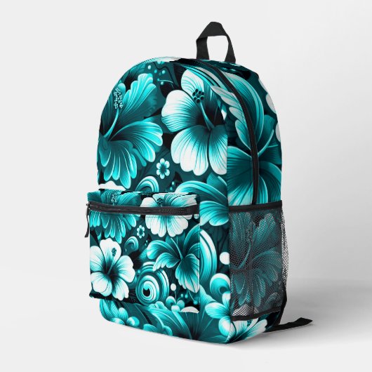Sac À Dos Imprimé Fleurs hawaïennes tropicales Hibiscus Turquoise bl (Coin arrière droit)