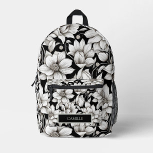 Sac À Dos Imprimé Fleurs Noir Blanc Monogramme Nom Camp École