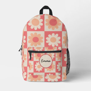 Sac À Dos Imprimé Fleurs Rétro Peach Fuzz à Carreaux Nom Personnalis