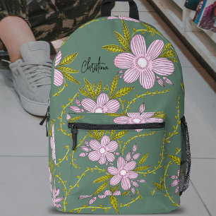 Sac À Dos Imprimé Fleurs roses Vert clair Feuilles tiges et nom