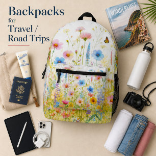 Sac À Dos Imprimé Fleurs sauvages rose bleu floral sur fond blanc