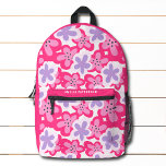 Sac À Dos Imprimé Floral rose tropical moderne Nom personnalisé<br><div class="desc">Motif floral rose tropical moderne Les sacs à dos personnalisés de nom présentent un motif de fleurs tropicales rose, violet et blanc éclatant. Personnalisé avec votre nom. Faites un grand cadeau pour l'anniversaire, Noël, les vacances, la fête des mères et de retour à l'école. Parfait pour retourner à l'école, les...</div>
