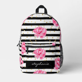 Sac À Dos Imprimé Fruit noir floral personnalisé et Confetti or