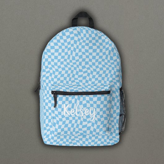 Sac À Dos Imprimé Fun Retro Wavy Check Blue Monogramme Nom