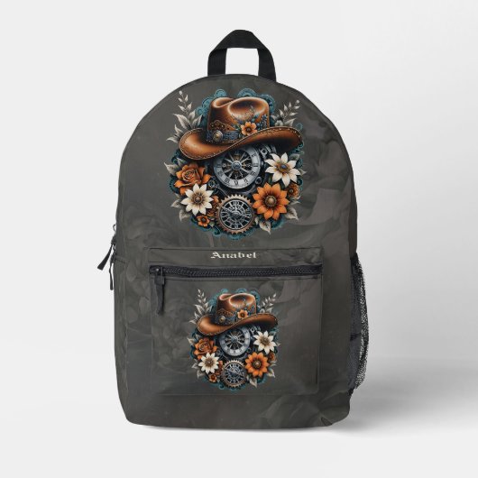 Sac À Dos Imprimé Gears en fleurs : Steampunk style cowboy. (Recto)