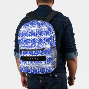 Sac À Dos Imprimé Grec Fret Arabesque Bleu, Votre Nom, Personnaliser