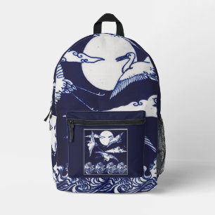 Sac À Dos Imprimé Grues blanches vintage sur fond bleu marine foncé