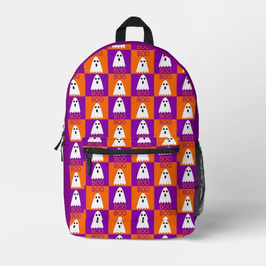 Sac À Dos Imprimé Halloween Boo Ghost Purple et Carrés orange (Recto)