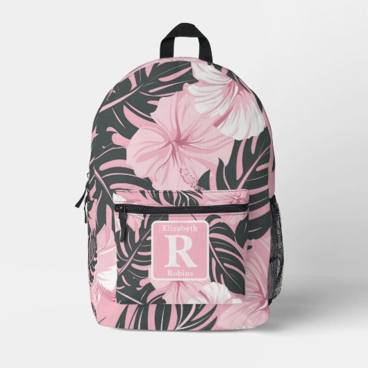 Sac À Dos Imprimé Hibiscus rose tropical personnalisé Monogramme (Recto)