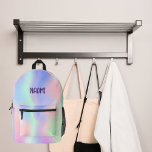 Sac À Dos Imprimé Holographique rose violet nom fille<br><div class="desc">Fille en rose,  violet,  vert menthe arrière - plan holographique. Personnalisez et ajoutez un nom,  des lettres violettes.</div>