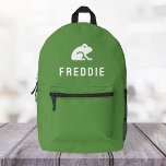 Sac À Dos Imprimé Icône de grenouille Motif mignon vert<br><div class="desc">Un design personnalisé sur un arrière - plan vert vif avec une icône de motif grenouille en blanc qui peut être facilement remplacé par télécharger votre propre logo, image ou motif! Le nom monogramme personnalisé en typographie de bloc moderne blanche peut être remplacé par votre propre nom ou texte personnalisé....</div>