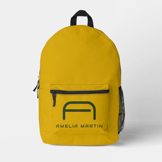 Sac À Dos Imprimé Jaune Moutarde Rétro et Monogramme Vert Forêt (Recto)