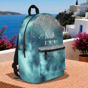 Sac À Dos Imprimé Joli monogramme faux paillettes argent turquoise
