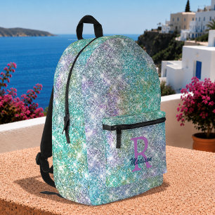 Sac À Dos Imprimé Joli monogramme iridescent licorne bleu faux paill
