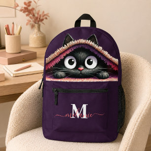 Sac À Dos Imprimé Joli Petit Chat Noir Violet Nom Personnalisé