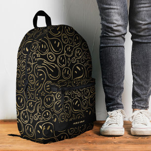 Sac À Dos Imprimé Joli Sourire Visage amusant Enfants Ado Black Gold