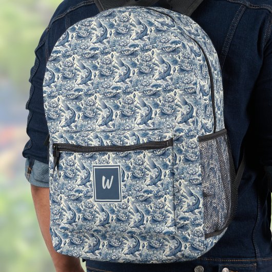 Sac À Dos Imprimé Koi Fish and Water Lily Blue Chinoiserie Monogram