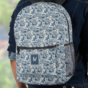 Sac À Dos Imprimé Koi Fish et Nénuphar Bleu Chinoiserie Monogramme