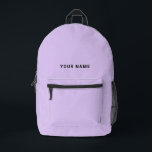 Sac À Dos Imprimé Lavender light purple Custom Name Backpack<br><div class="desc">Easily personalize this simple and cool backpack adding your name or custom text. A cool and modern design in cute lavender light purple featuring clear sans serif font, for a modern, professional and edgy look, perfect as custom gift for college students, high school, kids. The backpack can be customized in...</div>
