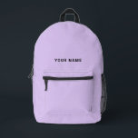 Sac À Dos Imprimé Lavender light purple Custom Name Backpack<br><div class="desc">Easily personalize this simple and cool backpack adding your name or custom text. A cool and modern design in cute lavender light purple featuring clear sans serif font, for a modern, professional and edgy look, perfect as custom gift for college students, high school, kids. The backpack can be customized in...</div>