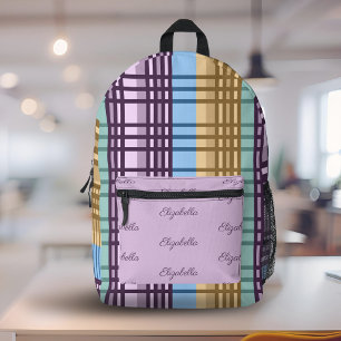 Sac À Dos Imprimé Lilas Bleu Or Vert Motif à Carreaux Nom Personnali