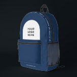 Sac À Dos Imprimé Logo d'entreprise personnalisé et employé de texte<br><div class="desc">Personnalisez facilement ce sac à dos professionnel en ajoutant le logo de votre entreprise et un texte personnalisé. Vous pouvez ajouter nom d'entreprise, slogan, médias sociaux, site Web ou toute information supplémentaire, ou le supprimer. Un design simple et moderne en bleu marine et blanc avec une police sans serif claire,...</div>