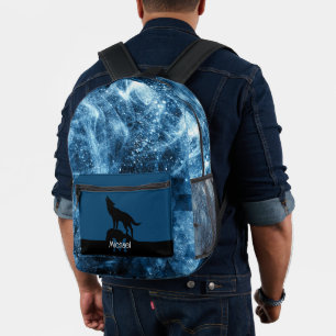 Sac À Dos Imprimé Loup hurlant abstrait bleu noir Monogramme
