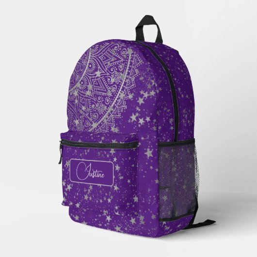 Sac À Dos Imprimé Mandala avec étoiles d'argent violet Personnalisé (Coin arrière droit)